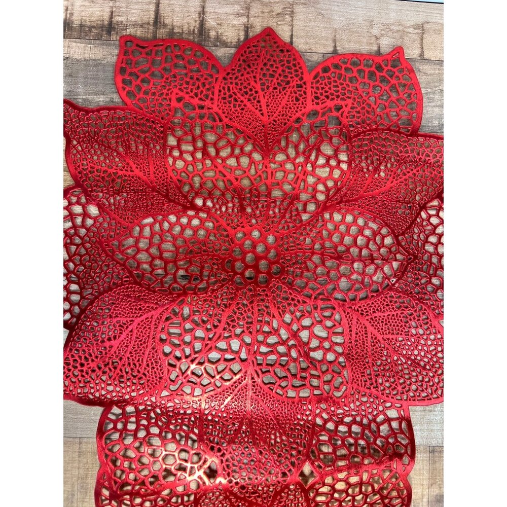Lazer Die Cut Vinyl Lace Christmas Red Poinsettia Table Runner 6 Feet x 14.5''
